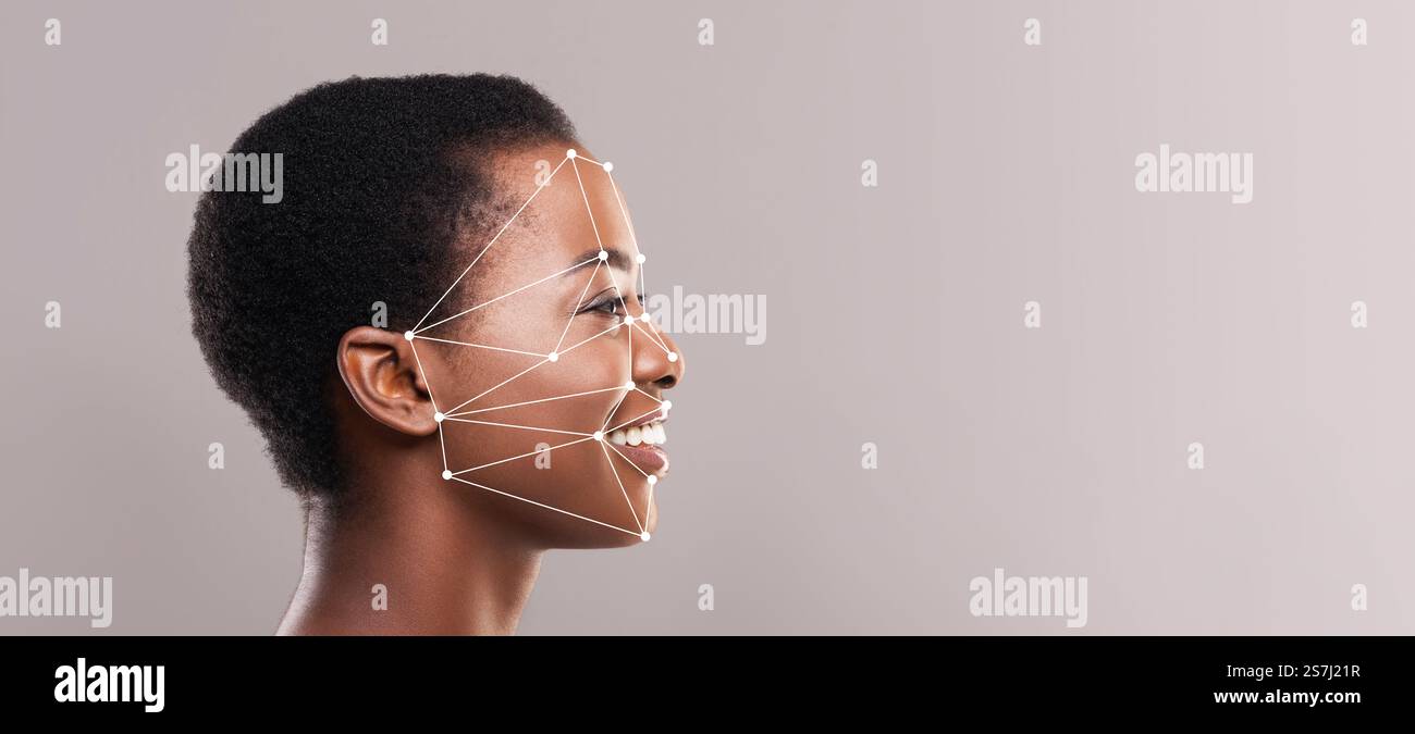 Gesichtserkennungstechnologie, die ein lächelndes Individuum in der Profilansicht zeigt Stockfoto
