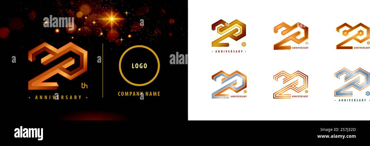 Set mit Logo zum 20. Jahrestag, Feier zum 20. Jahrestag. Hexagon Infinity-Logo, 20 Jahre Jubiläumslogo Silber und Gold für Festveranstaltung, Einladung. Stock Vektor