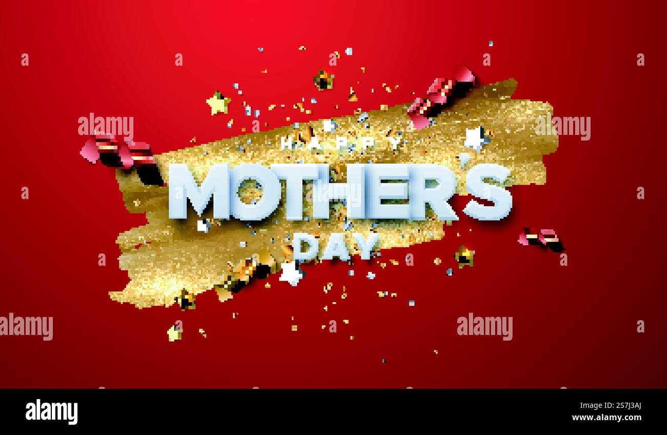 Etikett „Happy Mothers Day“ mit Konfettipartikeln und goldenen Farbflecken auf rotem Hintergrund Stock Vektor