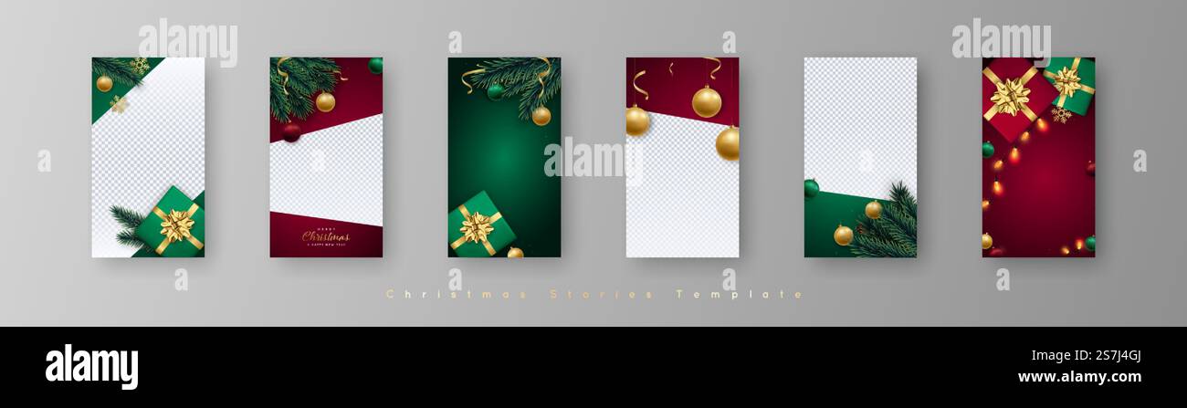 Modische Vorlage für instagram Stories zu Weihnachten 6. Realistische Geschenkboxen, Kugeln, Sterne und Girlanden. Design für soziale Medien. Stock Vektor