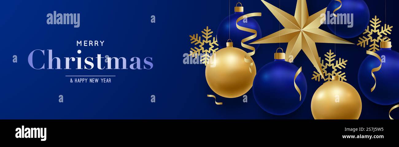 Horizontales Banner „Frohe Weihnachten und Happy New Year“. Festlicher Hintergrund mit realistischen Weihnachtskugeln, Stern und dekorativen Schneeflocken. Abbildung des Materialvektors. Stock Vektor