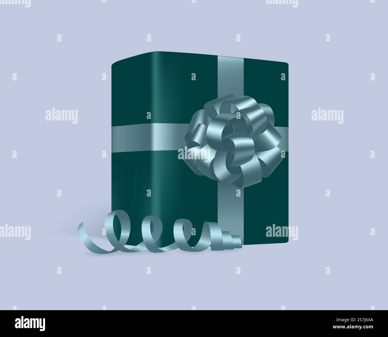 Ein Geschenk aus grünem Geschenkpapier mit einer realistischen blauen Schleife und einem glänzenden, wirbelnden Band. Festliches Designelement für die Dekoration von Weihnachtsbanner, Geschenkkarten, Grußkarten und Weihnachtsverkäufen. Stock Vektor