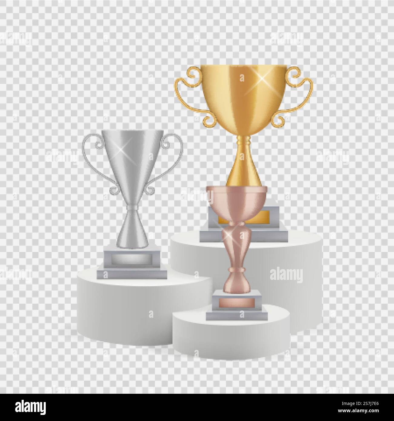 Trophäe auf dem Podium. Goldene, silberne und bronzene Becher isoliert auf transparentem Hintergrund. Vektorsatz für Auszeichnungen. Illustration Sieger Podium Sport. Trophäe auf dem Podium. Goldene, silberne und bronzene Becher isoliert auf transparentem Hintergrund. Vektorsatz für Auszeichnungen Stock Vektor