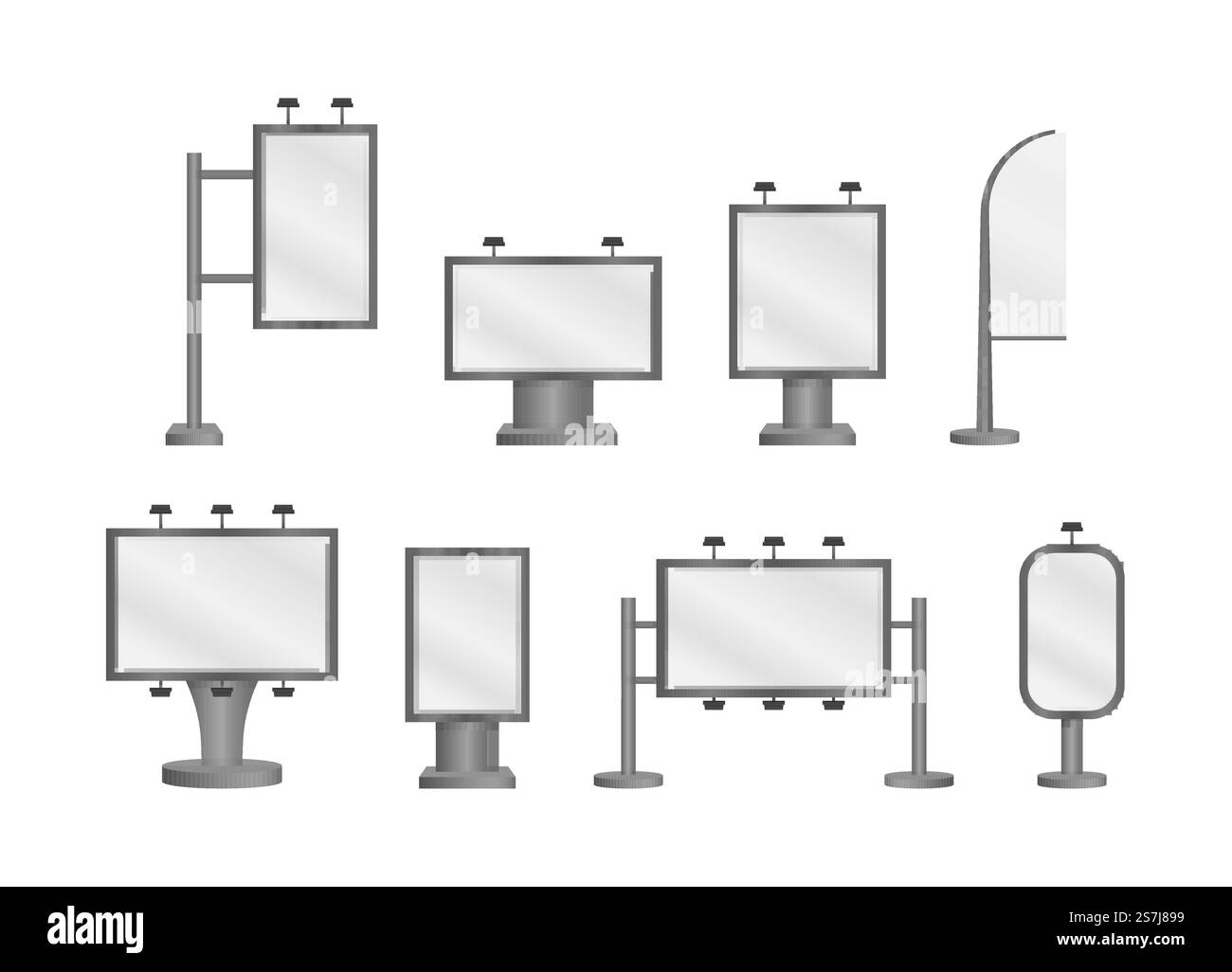 Leere große Reklametafel mit weißen Lichtern auf weißem Hintergrund. Eine Reihe realistischer Mockups und Vorlagen für städtische Banner, Poster und Plakate für Werbung und Marketing. Vektor... Reklametafeln. Stock Vektor
