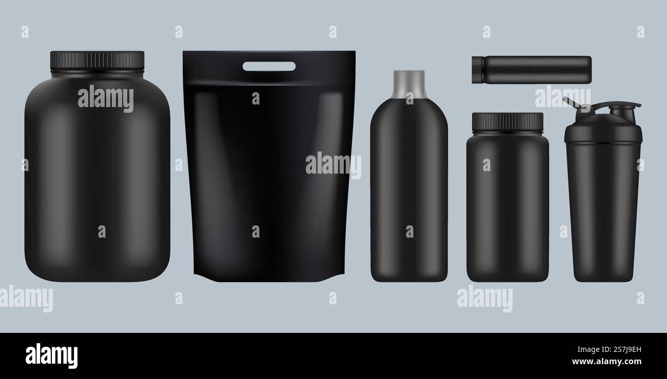 Proteinpakete. Fitness Sport gesundes Essen Getränk Ergänzung Whey bcaa Ernährung Behälter Plastikflaschen für Gym Vektor Vorlage. Sportartikelbehälter, Protein und Ergänzung für Power. Proteinpakete. Fitness Sport gesundes Essen Getränk Ergänzung Whey bcaa Ernährung Behälter Plastikflaschen für Gym Vektor Vorlage Stock Vektor