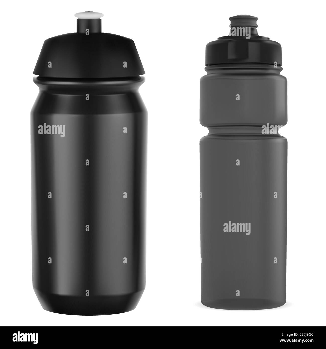 Fahrradflasche. Sport Wasserflasche Modell, Gym Dose. Athletische Kunststoffkanistervorlage, schwarze Fitnessflasche, Protein-Nährkanister-Set. Fahrradflasche, realistischer Artikel für Branding. Fahrradflasche. Sport Wasserflasche Modell, Gym Dose Stock Vektor
