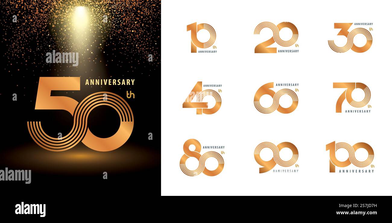 Set aus Jubiläumslogotype Design, Feier Jubiläum Logo mehrzeilige Linien Silber und Gold für Feier Veranstaltung, Einladung, Gruß, Webvorlage, Flyer und Booklet, Illustration des Infinity-Logos isoliert Stock Vektor