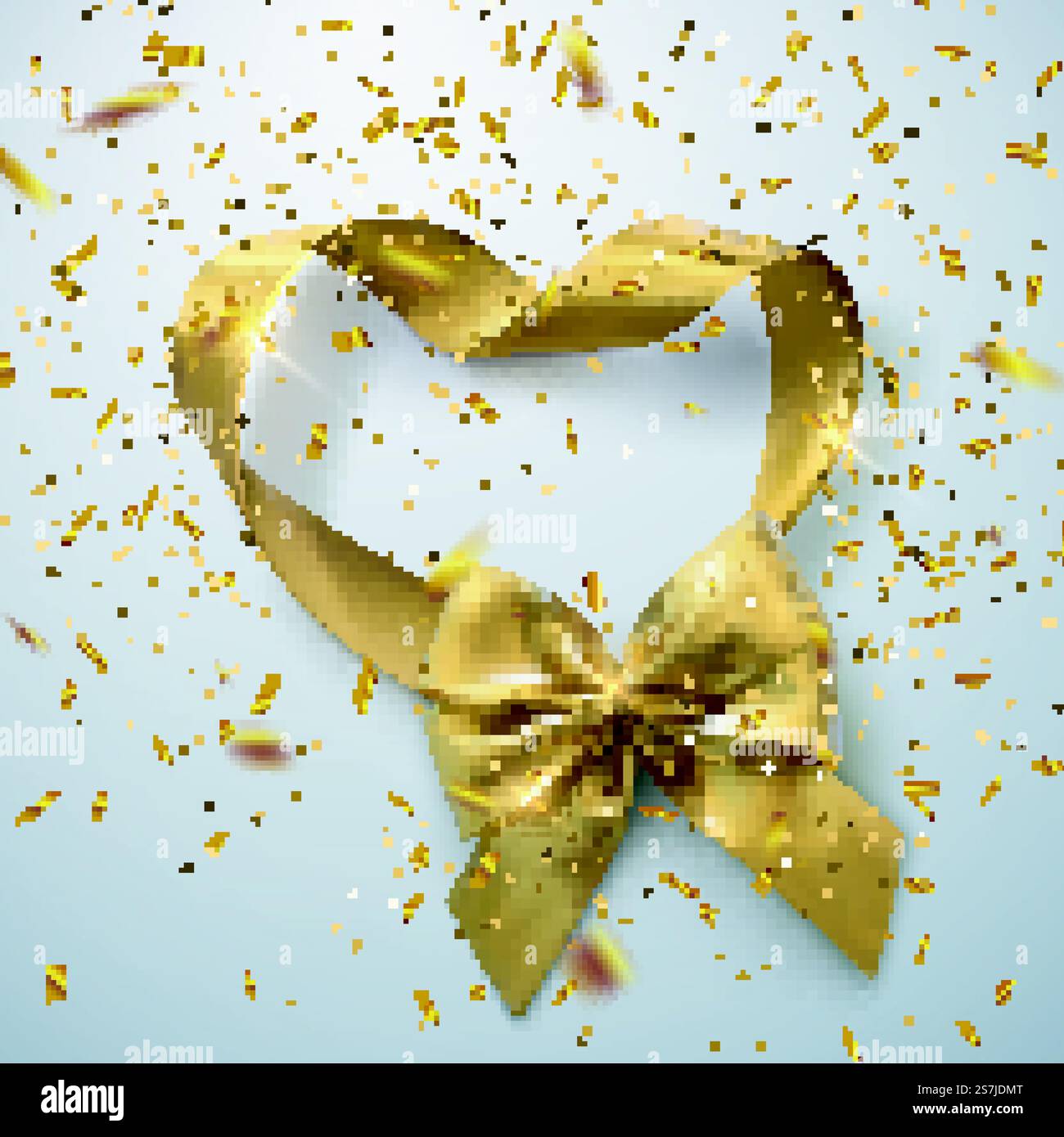 Goldene Schleife mit Herzschlaufe und goldenem, glitzerndem Konfetti Stock Vektor