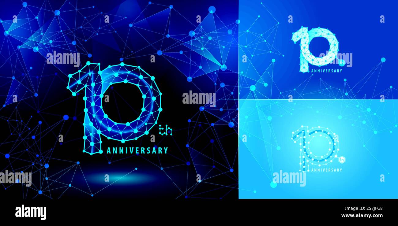 Set mit Logo zum 10. Jahrestag, Logo zum 10. Jahrestag für Feier. Netzwerkverbindungspunkt Polygon Geometric, abstrakte verbundene Punkte Tech Number, Infinity-Logo Stock Vektor