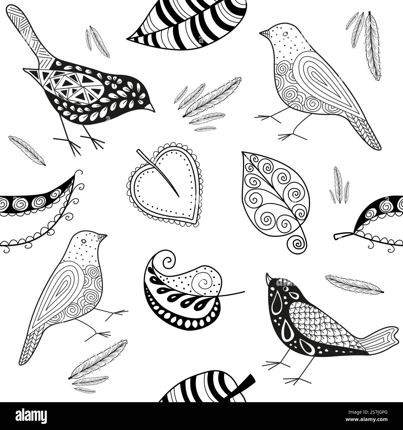 Vektor versiegelt patern Doodle Vogel und Blätter auf schwarz-weiß. Vektor versiegelt Patern Doodle Vogel und Blätter Stock Vektor