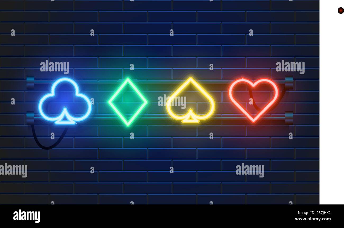 Neonlampe Casino Banner auf Wandhintergrund. Poker- oder Blackjack-Kartenspiel-Zeichen. Las Vegas Konzept. Vektorabbildung... Neonlampe Casino Banner auf Wandhintergrund. Poker- oder Blackjack-Kartenspiel-Zeichen. Las Vegas Konzept. Stock Vektor