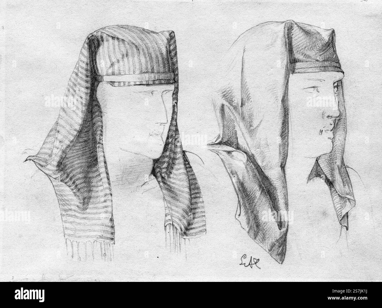 Zwei Studien über einen ägyptischen Nemes- und Khat-Kopfschmuck für „das gegenteilige Orakel“ — Antwerpen, 1857–1858 von Sir Lawrence Alma-Tadema, Stockfoto