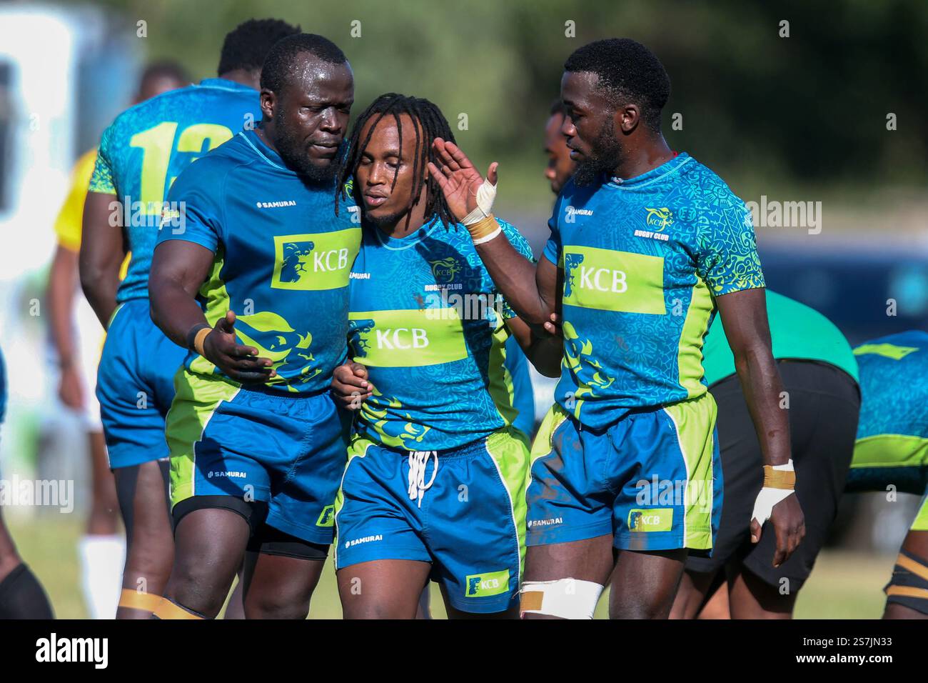NAIROBI, KENIA - 18. JANUAR: KCB-Spieler feiern einen Versuch gegen Nakuru RFC während ihres Kenia Cup Rugby League Spiels am 18. Januar 2025 in Stockfoto