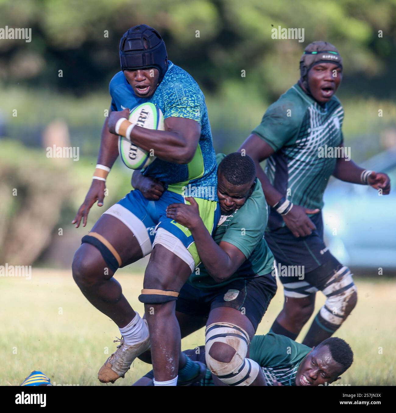 NAIROBI, KENIA – 18. JANUAR: KCB Davis Chenge wird von Nakuru Wilfred Ochieng und seinen Teamkollegen während des Kenia Cup Rugby League-Spiels besiegt Stockfoto