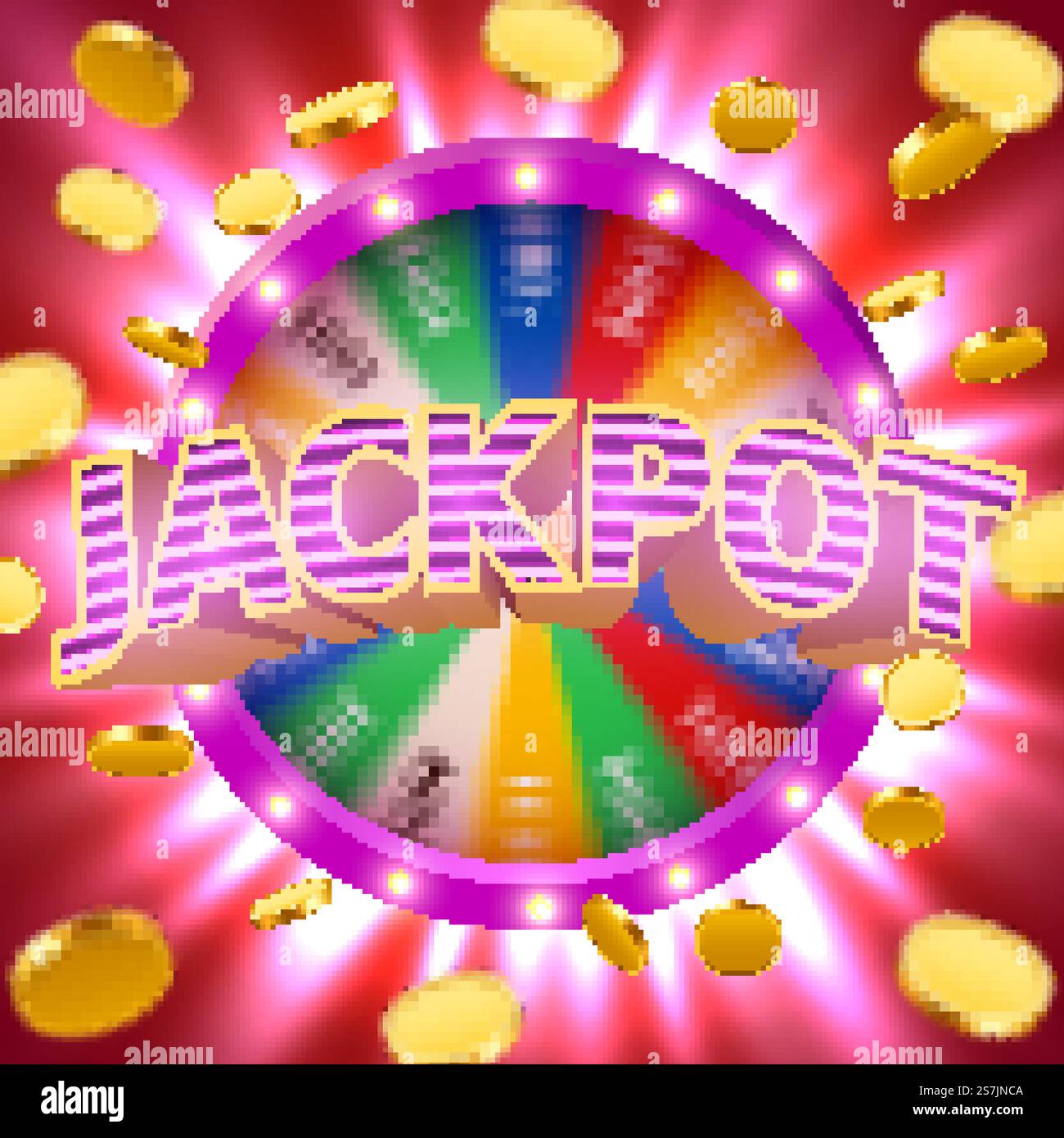 Realistisches 3D-Glücksrad mit fliegenden goldenen Münzen. Lucky Roulette. Casino-Konzept. Vektorabbildung. Realistisches 3D-Glücksrad mit fliegenden goldenen Münzen. Lucky Roulette. Casino-Konzept. Stock Vektor