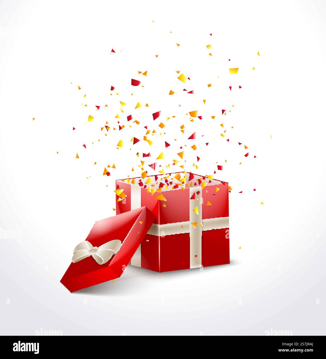 Geöffnete rote Geschenkbox mit Band und fliegenden Konfetti. Hintergrund des WEIHNACHTSANGEBOTS. Vektorabbildung. Geöffnete rote Geschenkbox mit Band und fliegenden Konfetti. Hintergrund des WEIHNACHTSANGEBOTS. Vektorabbildung. Stock Vektor