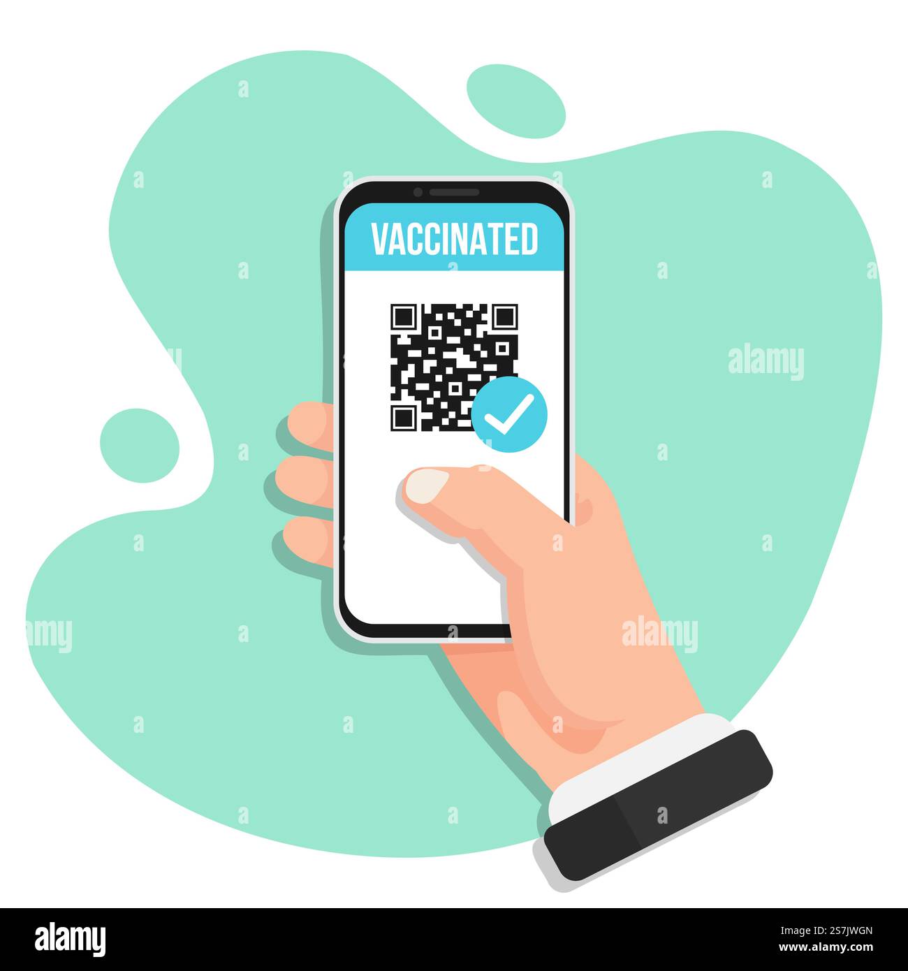Digitales COVID-19-Zertifikat mit QR-Code in flacher Ausführung. Smartphone in der Hand mit geimpften Informationen Stock Vektor