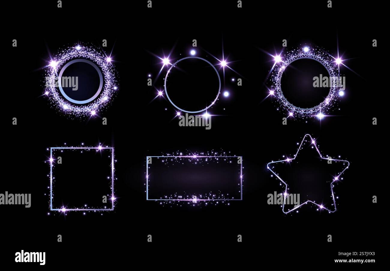 Goldener Vektor-Rahmen mit Lichteffekten. Leuchtendes rechteckiges Banner. Isoliert auf schwarzem transparenten Hintergrund. Vektorabbildung, EPS 10.. Goldene Funken und goldene Sterne funkeln mit einem besonderen Lichteffekt. Goldenes Banner für Werbung. Weihnachten abstrakt. Vektorillustration für Aktien. Stock Vektor