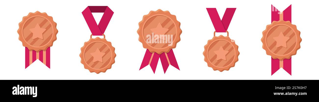 Set mit Bronzemedaillen mit rotem Band und Stern Stock Vektor