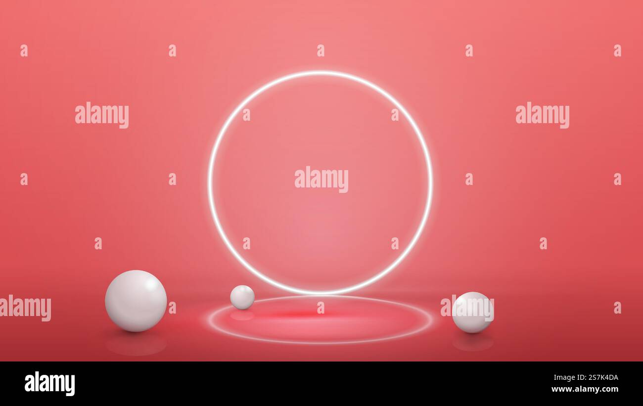 Leere abstrakte Szene in Pink mit realistischen Kugeln und Neonring auf dem Hintergrund, Vorlage für Ihre Präsentation. 3D-Rendering-Illustration mit pinkfarbener abstrakter Szene mit Reflexion und Neonweißring Stock Vektor