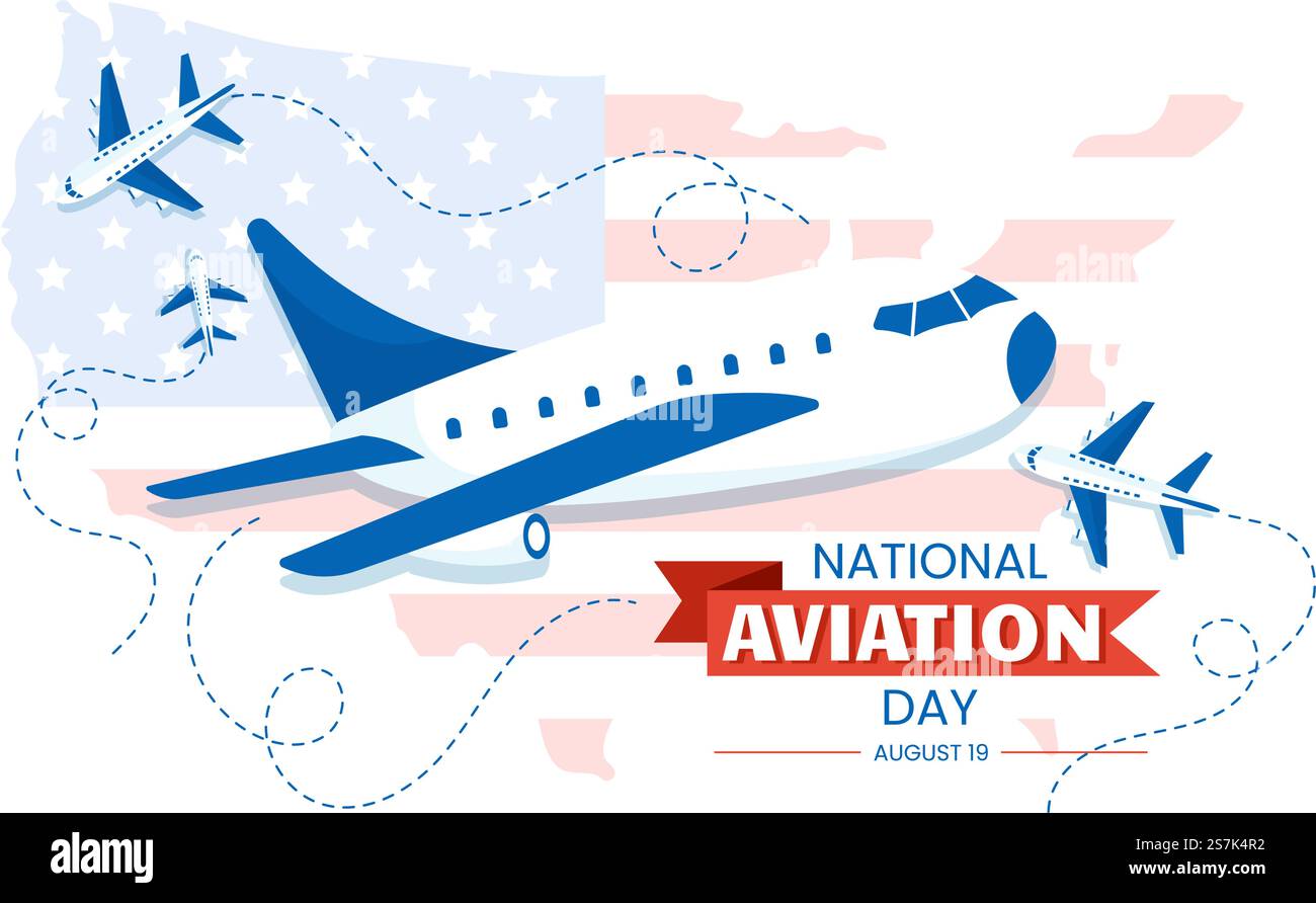 National Aviation Day Vector Illustration eines Flugzeugs mit himmelblauem Hintergrund oder Flagge der Vereinigten Staaten in flachen, handgezogenen Cartoon-Vorlagen Stock Vektor