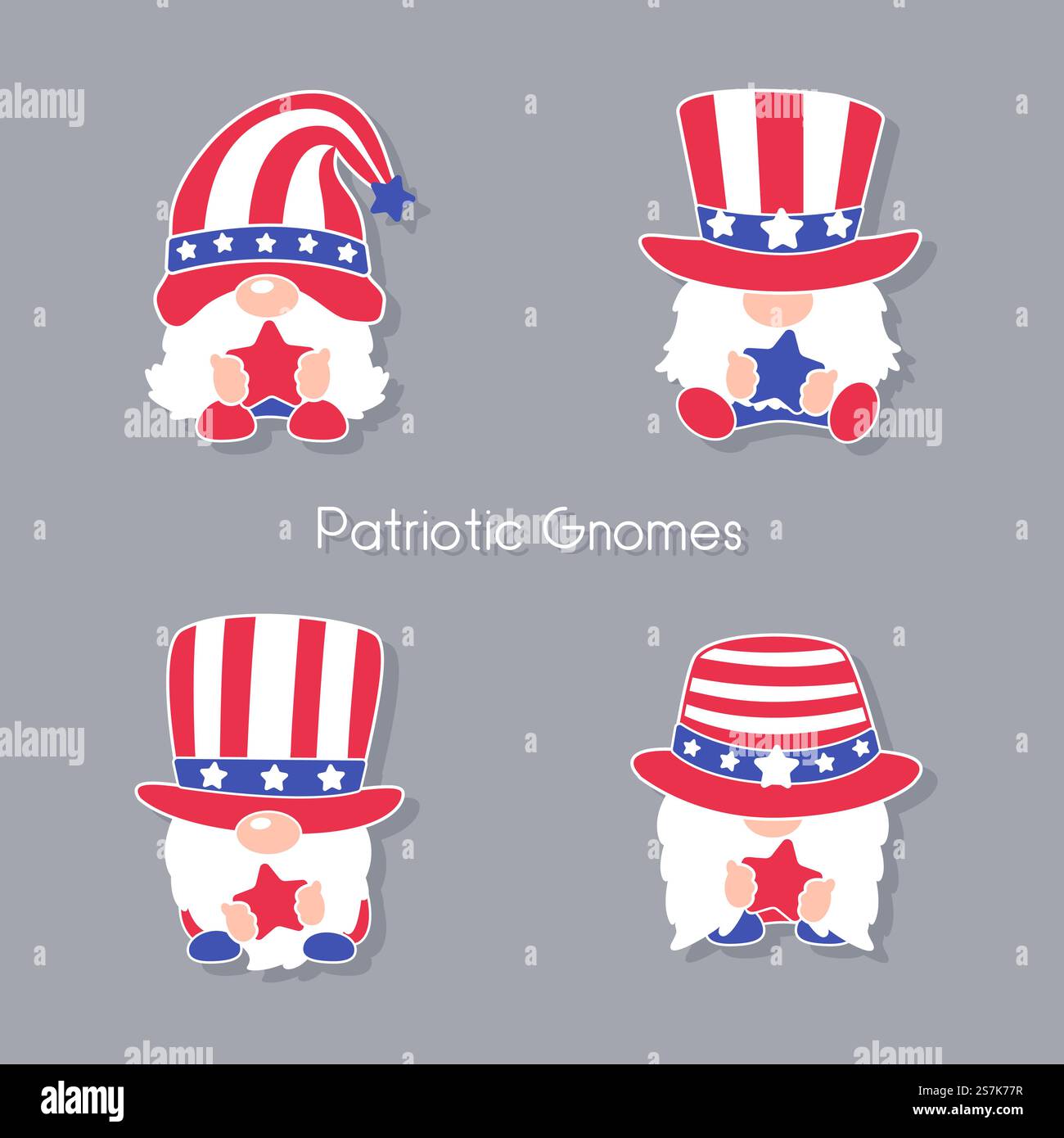 Patriotische Gnome tragen einen Hut, der mit den roten und blauen Sternen der amerikanischen Flagge verziert ist. Stock Vektor