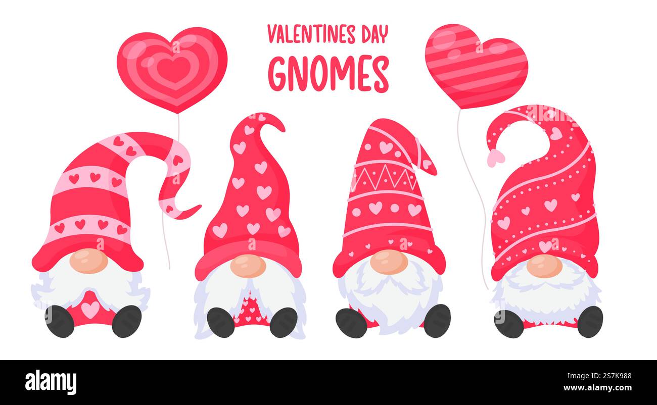 Zwerge oder Zwerge halten rosafarbene Herzballons. Für die Grußkarte zum valentinstag Stock Vektor