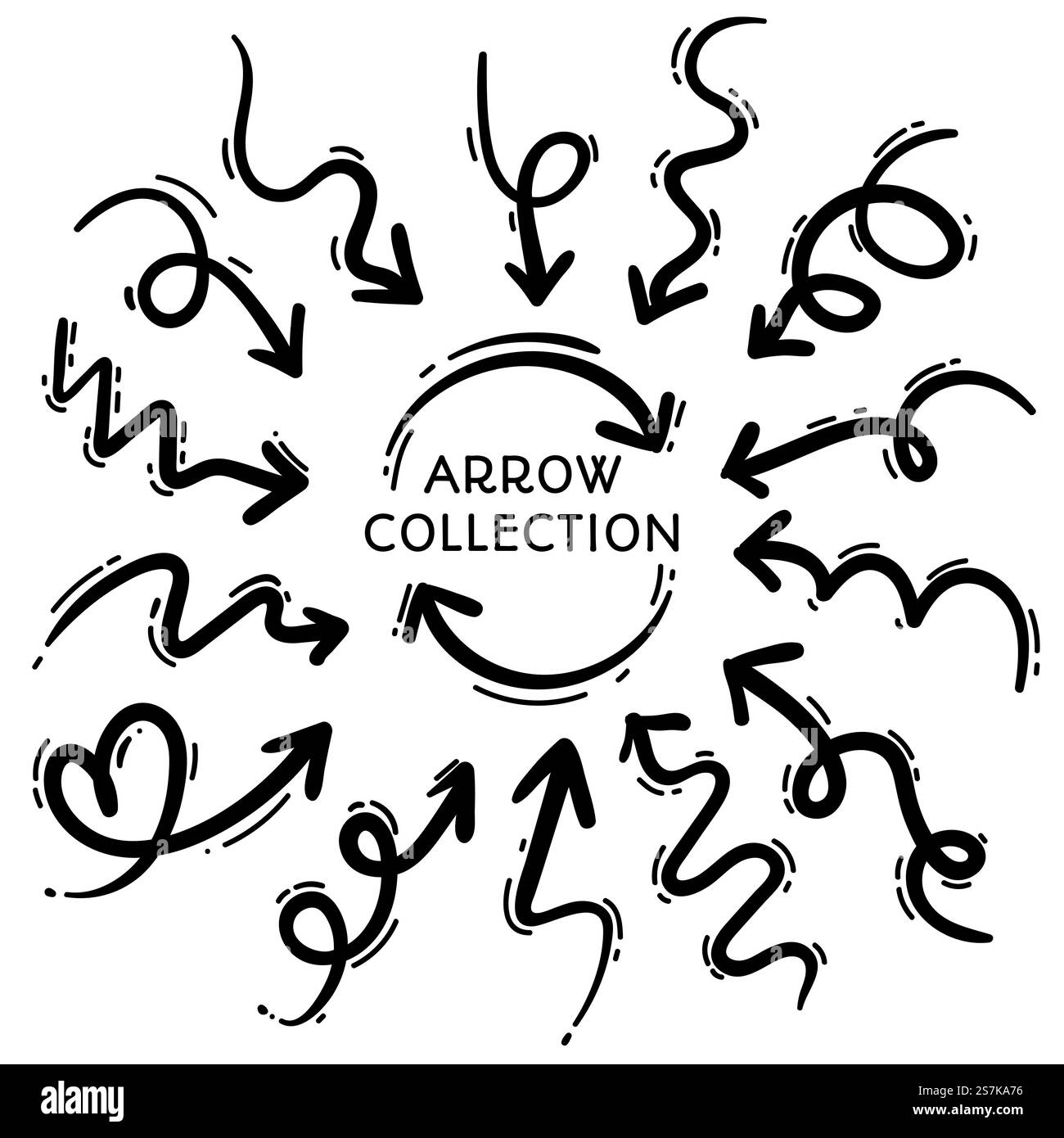 Freihändig gezeichneter Pfeil für Linienzeichnung auf weißem Hintergrund Stock Vektor