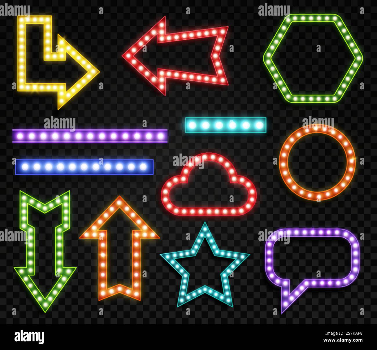 Schilder mit Lampen. Realistisch leuchtende Symbole verschiedener Formen. Blaue, rote und gelbe Neonlampen Marketingrahmen für Titelbeleuchtung Werbe-Vektor-Rand Set. Schilder mit Lampen. Realistisch leuchtende Symbole verschiedener Formen. Blaue, rote und gelbe Neonlampen Marketingrahmen für Titelwerbung Vektorsatz Stock Vektor