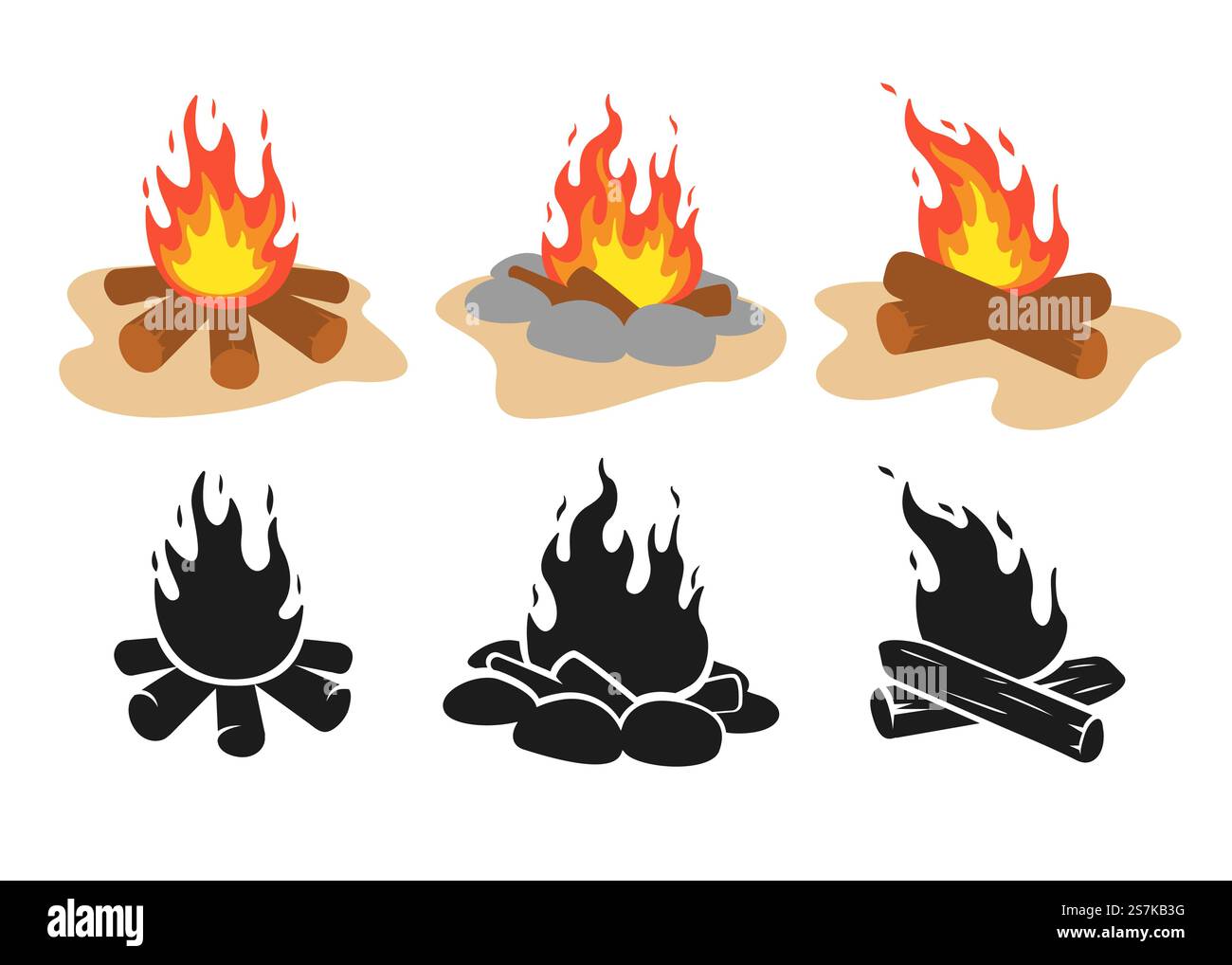 Vektor-Lagerfeuer. Ein Lagerfeuer einrichten, um sich in der Nacht der Wanderer zu unterhalten, die im Hintergrund isoliert sind Stock Vektor