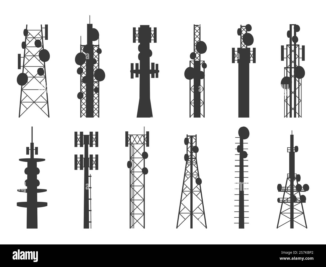 Silhouetten des Funkturms. Mobilfunkmasten, Fernseh-, Internet- und Rundfunkantenne, Satellitensignal-Telekommunikationsmasten. Vektor-isolierter Satz. Silhouetten des Funkturms. Übertragung Mobilfunkmasten, Fernseh- und Rundfunkantenne, Satellitensignal Telekommunikationsmasten Vektorsatz Stock Vektor