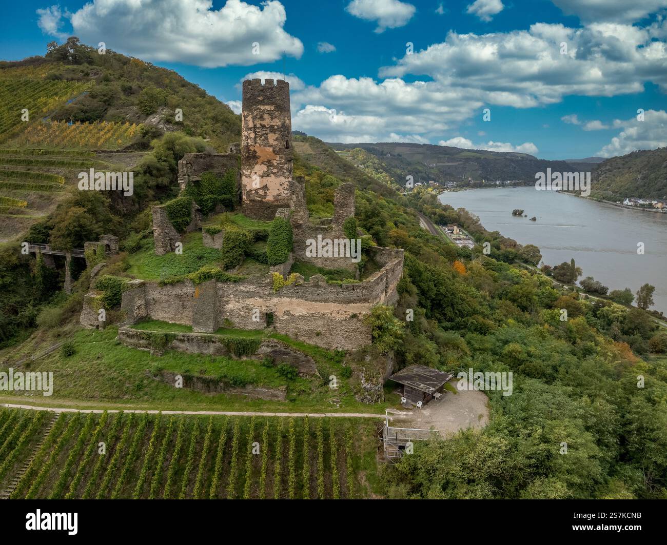 Aus der Vogelperspektive auf Schloss Furstenberg über dem Rhein bei Rheindiebach mit kreisförmigem Donjon, Vorhangwänden und künstlichem Graben Stockfoto