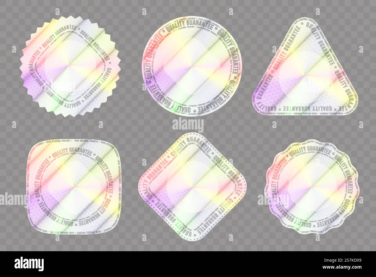 Set aus realistischen Hologrammen in verschiedenen Formen zur Dekoration. Holographischer Aufkleber für Auszeichnung, Produktgarantie, Label Design Element Vektor Illustration isoliert auf transparentem grauen Hintergrund. Set aus realistischen Hologrammen in verschiedenen Formen zur Dekoration Stock Vektor