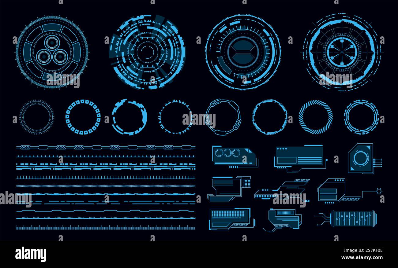 HUD-Elemente. Futuristische blaue virtuelle Touch-Benutzeroberfläche, Webanwendung. Linien- und Kreisrahmen und Zeiger, Anzeigevektor Moderne Navigationselemente. HUD-Elemente. Futuristische blaue virtuelle Touch-Benutzeroberfläche, Webanwendung. Linien- und Kreisrahmen und Zeiger, zeigen Vektorelemente an Stock Vektor