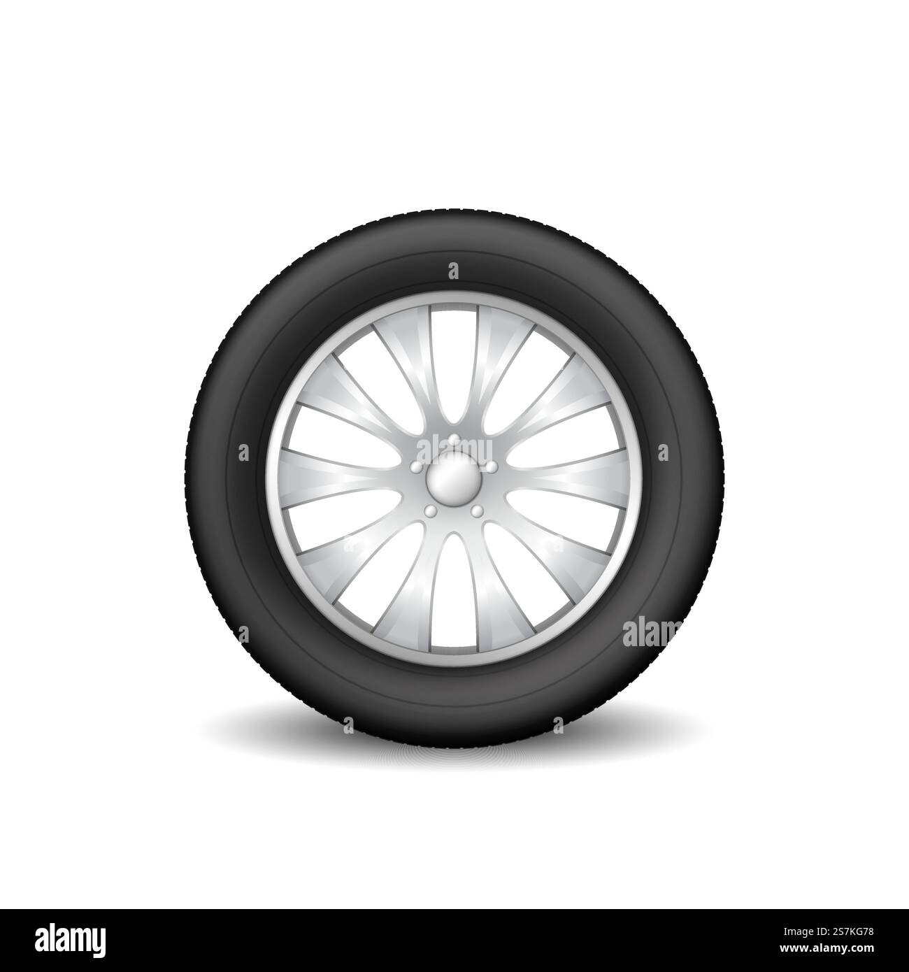 Autoreifenrad isoliert auf weißem Hintergrund. Realistischer Gummischutz und Metallscheibe für Sommer- oder Winterfahrzeuge mit Schatten. 3D-Vektordarstellung. Autoreifenrad isoliert auf weißem Hintergrund. Realistischer Gummischutz und Metallscheibe Stock Vektor
