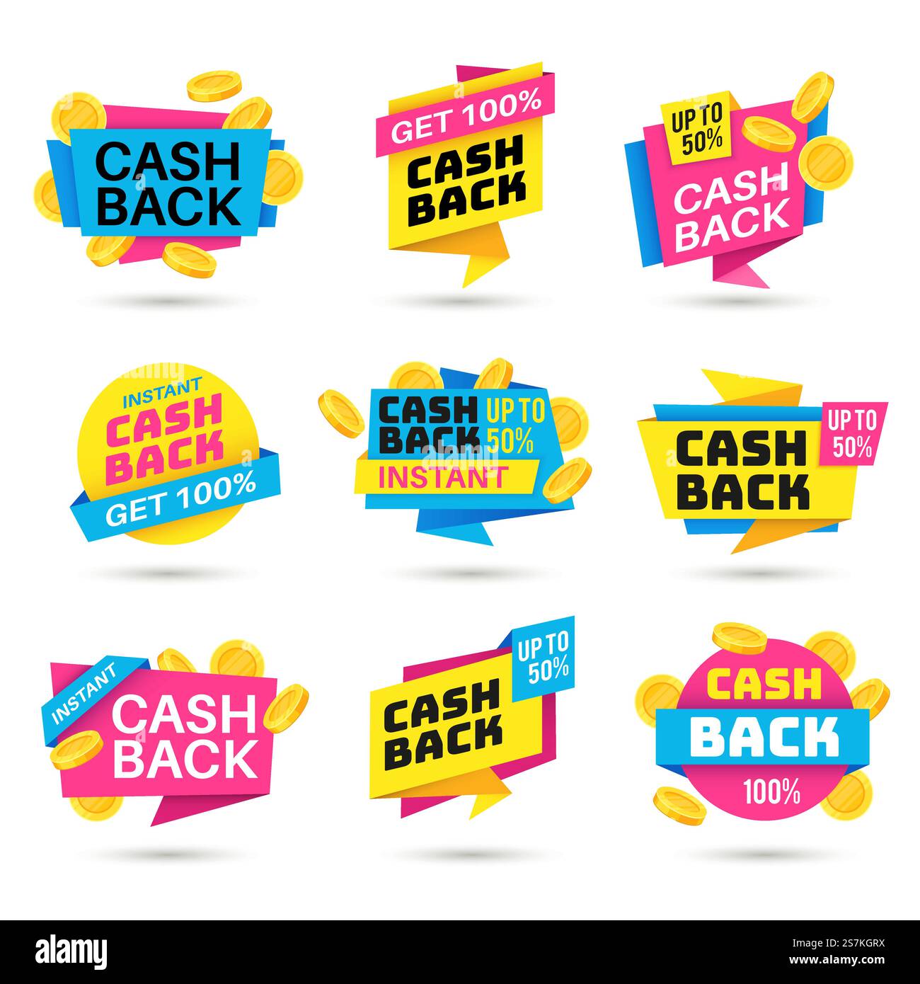 Cashback-Labels. Cash-Back-Banner, Rückgabe von Geld aus Einkäufen, Geldrückerstattungsabzeichen, Geschäftsgarantie bunte Vektor-Shopping-Einlösung Schildersammlung. Cashback-Labels. Cash-Back-Banner, Rückgabegeld aus Einkäufen, Geldrückerstattungsabzeichen, Geschäftsgarantie bunte Vektorsammlung Stock Vektor