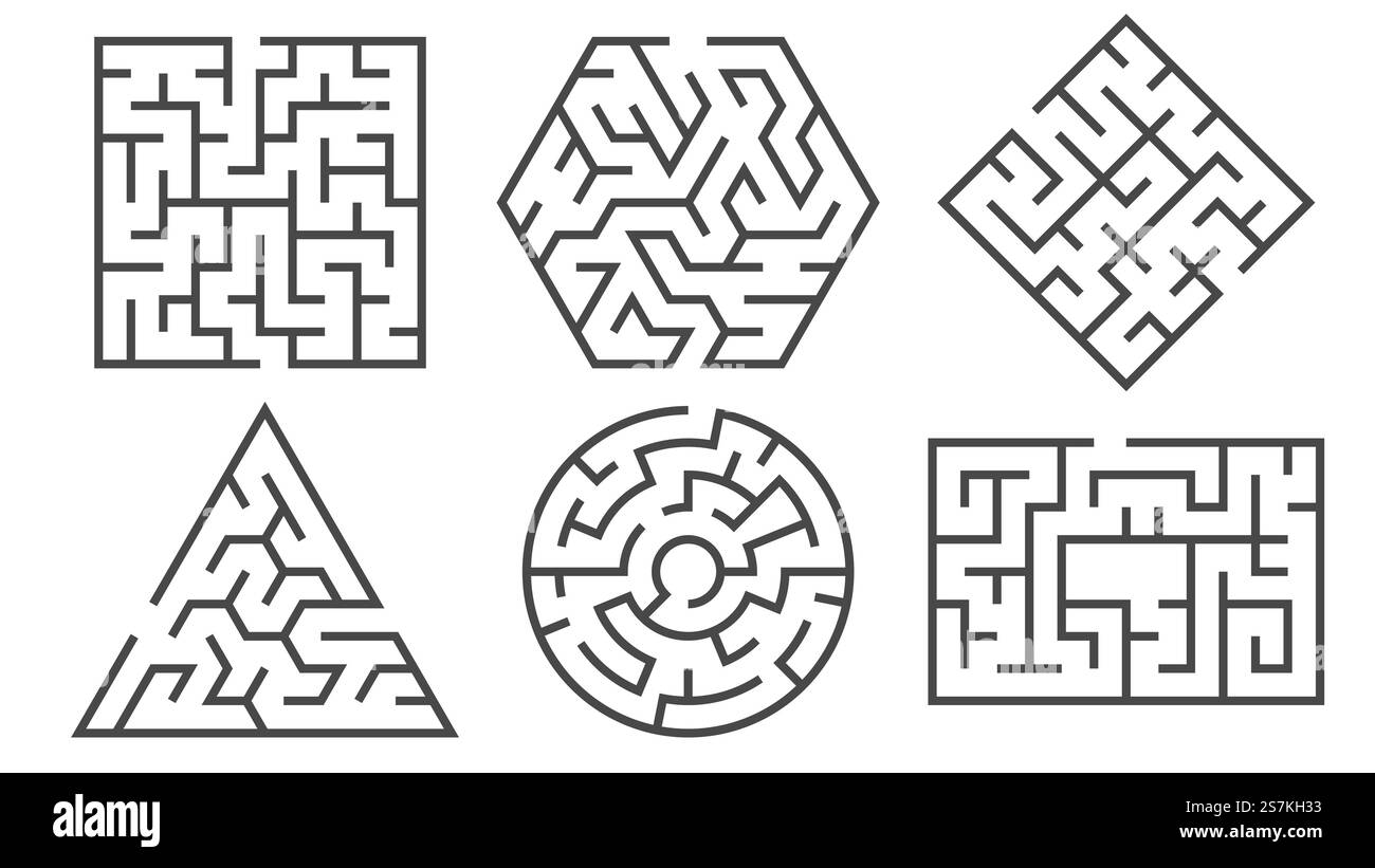 Labyrinth. Labyrinth-Spiel in verschiedenen grafischen Formen für richtige oder falsche Pfade und viele Eintrittsrätsel, finden Sie Weg rebus Logik Freizeit Rätsel Vektor-Übungsset. Labyrinth. Labyrinth-Spiel in verschiedenen grafischen Formen für richtige oder falsche Pfade und viele Eintrittsrätsel, finden Sie Weg rebus Logik Rätsel Vektor gesetzt Stock Vektor