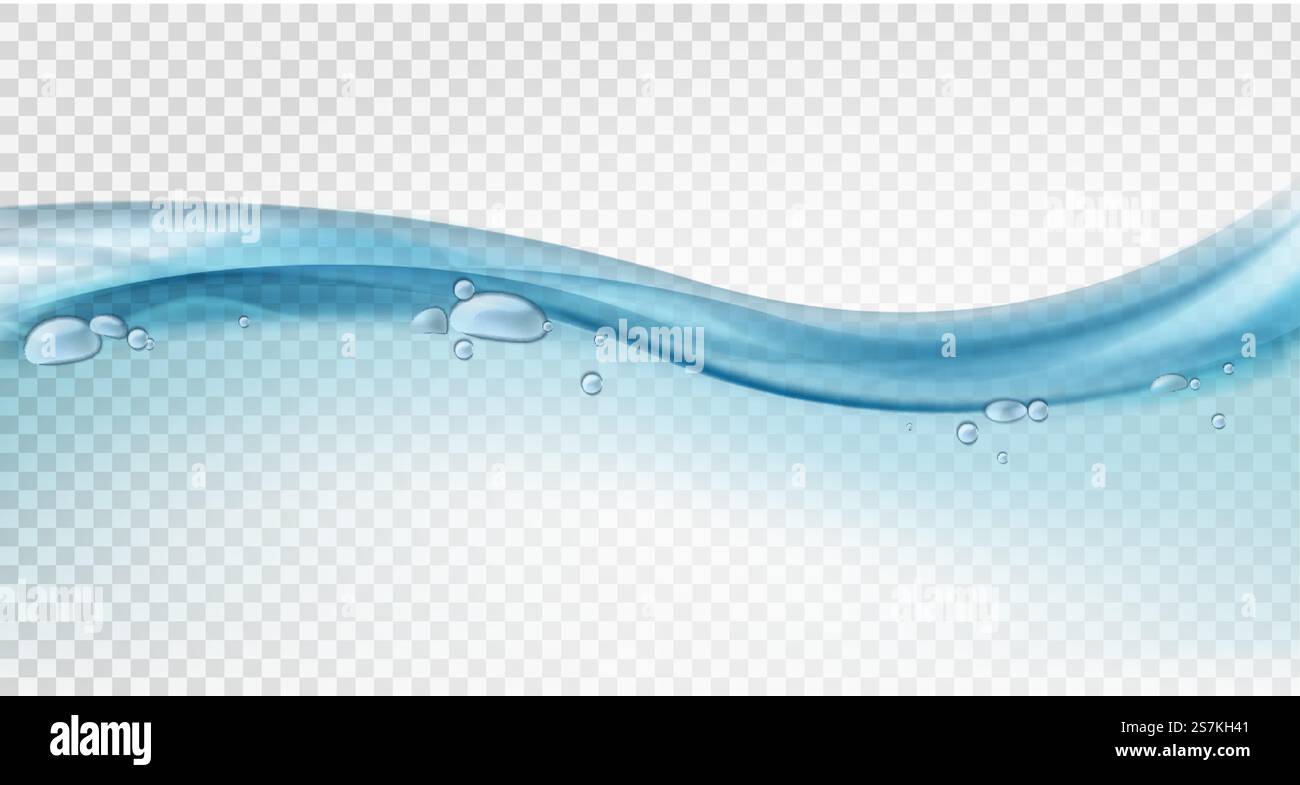 Wasseroberfläche. Blaue Ozeanwelle, flüssige Bewegung, Spritzer und Wasserblasen im Schwimmbad, klarer ökologischer Meereslinie Horizont transparente isolierte Vektorstruktur. Wasseroberfläche. Blaue Ozeanwelle, flüssige Bewegung, Spritzer und Wasserblasen im Schwimmbad, Meereslinie Horizont transparente isolierte Vektortextur Stock Vektor