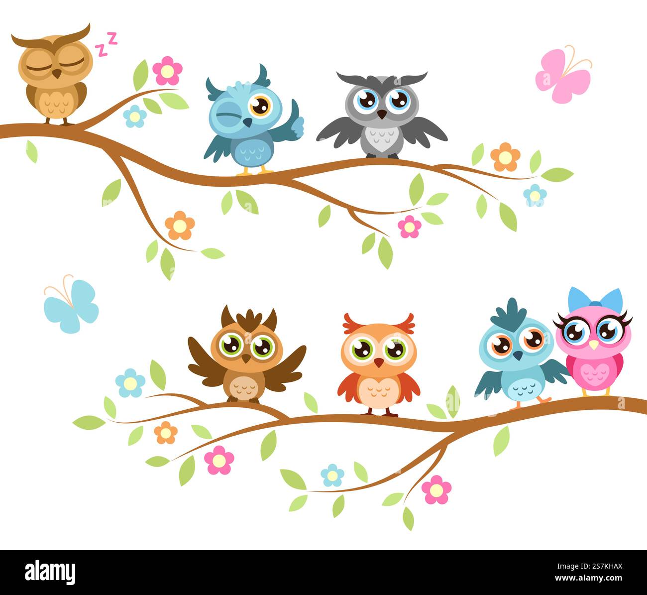 Eulen auf einem Zweig. Bunte niedliche Freunde Eulen, die auf Ästen sitzen, fröhliche Waldvögel, Muster Kinder drucken, Zeichentrickvektor lustige Illustration. Eulen auf einem Zweig. Bunte niedliche Freunde Eulen, die auf Ästen sitzen, fröhliche Waldvögel, Muster Kinder drucken, Zeichentrickvektor Illustration Stock Vektor