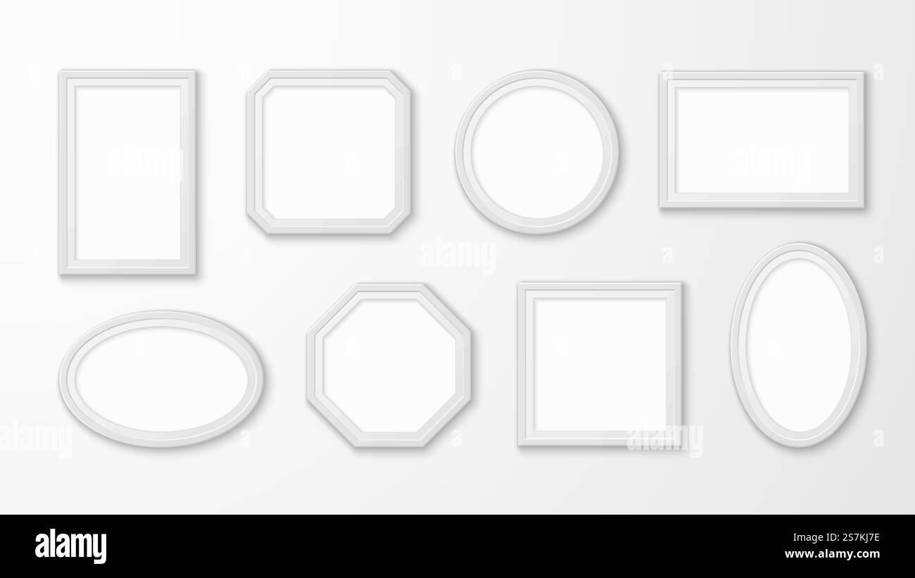 Weiße Bilderrahmen. Realistische leere Bildränder in verschiedenen Formen für Galerie Ausstellung Vektor Mockups, Wanddesign Vektor Malerei Kunst Rahmen Set. Weiße Bilderrahmen. Realistische leere Bildränder in verschiedenen Formen für Galerieausstellungsvektormodelle, Wanddesign Vektorset Stock Vektor
