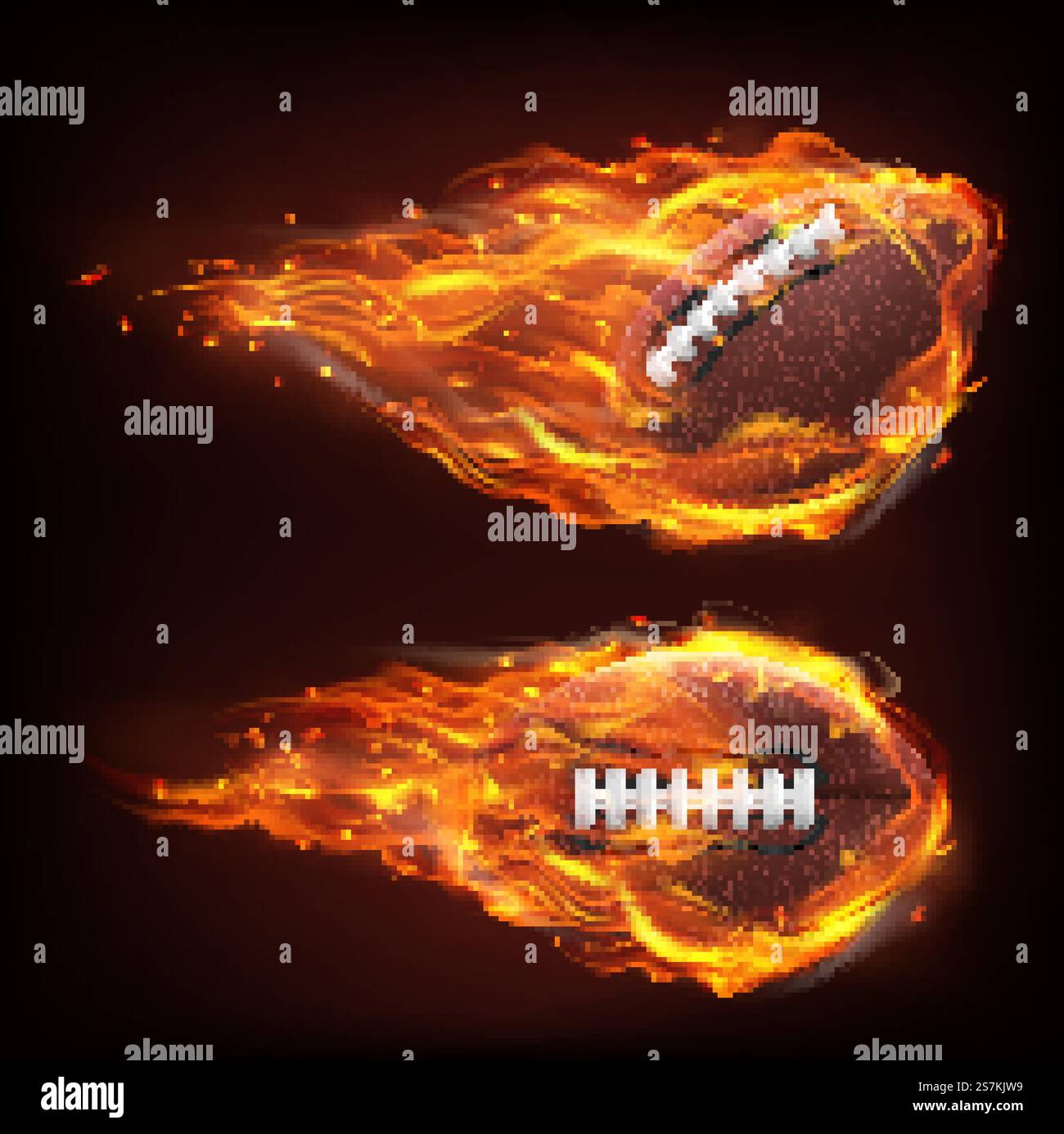 Fliegender Rugbyball im Feuer isoliert auf schwarzem Hintergrund. Vektor-realistisches Symbol des american Football in Flammen. Fliegender Rugbyball im Feuer Stock Vektor