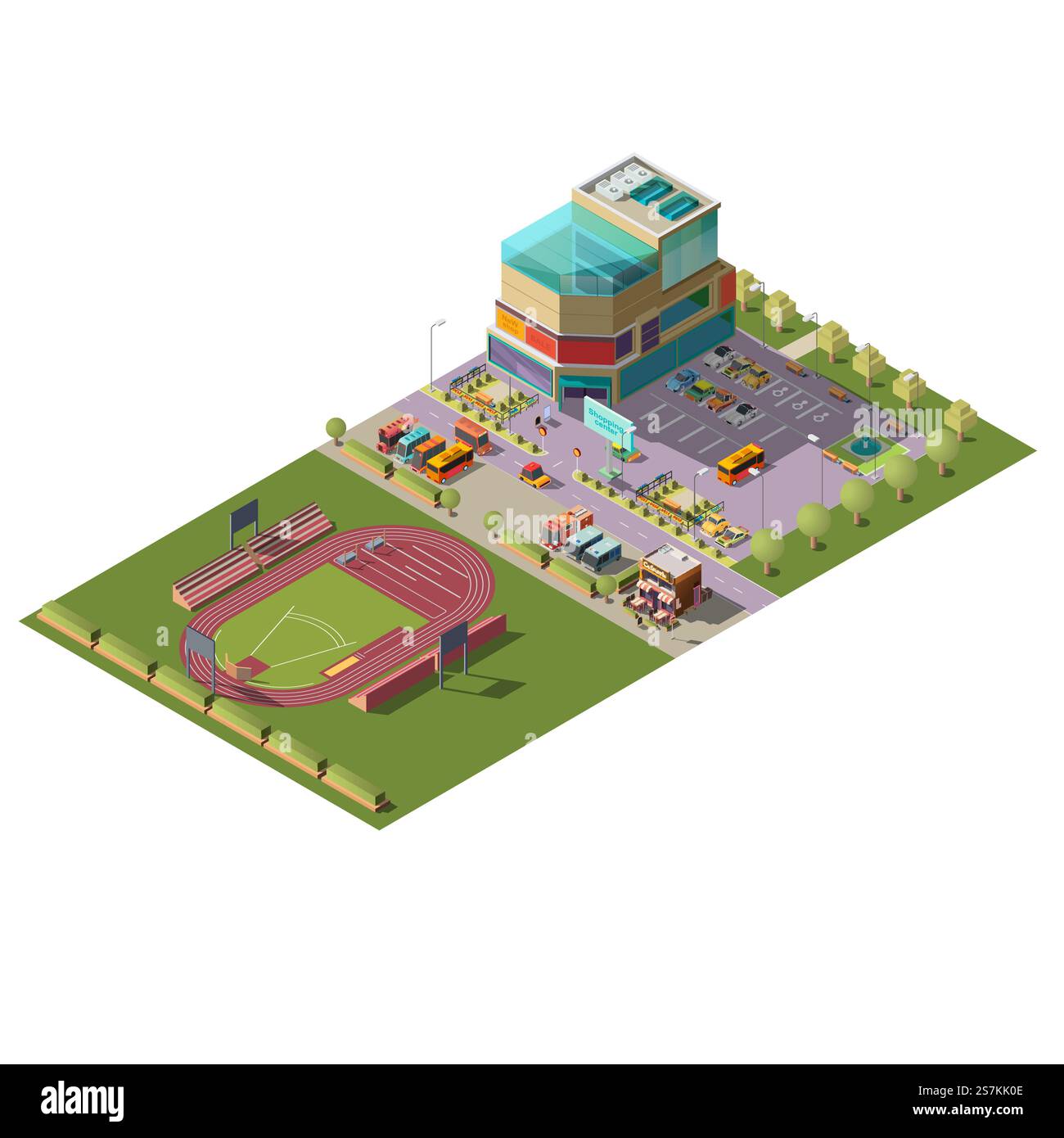 Einkaufszentrum oder Einkaufszentrum mit Parkplatz, Leichtathletik-Stadion mit Zuschauerstand isometrische Vektorillustration isoliert auf weißem Hintergrund. Städtisches Infrastrukturobjekt, Kartographieelement. Einkaufszentrum und Stadion isometrischer Vektor Stock Vektor