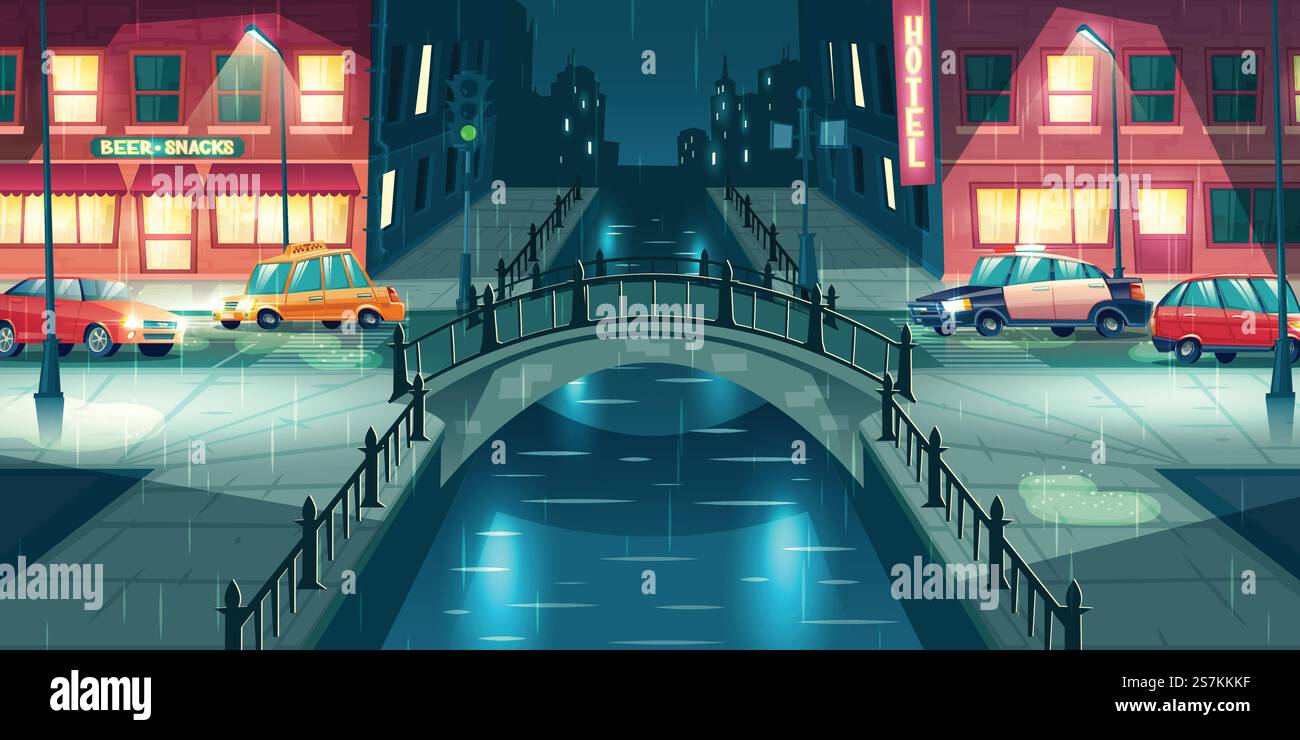 Regen auf Nacht Stadt Straße Cartoon Vektor. Polizei- und Taxiautos fahren auf der mit Ampeln beleuchteten Stadtstraße, überqueren Fluss oder Wasserkanal mit Retro-Bogenbrücke in regnerischer, nasser Wetterillustration. Nachtstadtstraße in regnerischem Wetter Vektor Stock Vektor