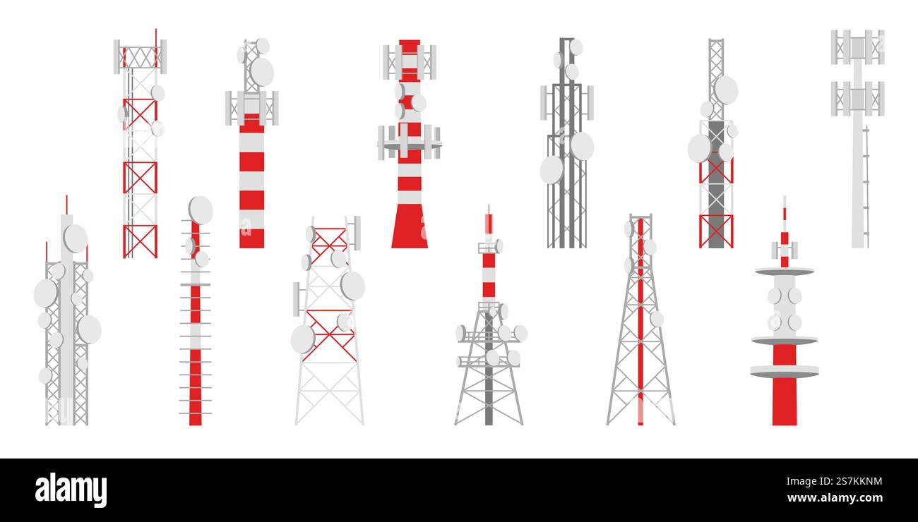 Funkmasten. Fernseh- oder Internet- und Rundfunkantenne Telekommunikation Satellitensignalnetz, Vektorisolierter Satz. Funkmasten. Telekommunikations-Sendertürme, Fernseh- und Rundfunkantenne Telekommunikation Satellitensignalnetz, Vektorsatz Stock Vektor