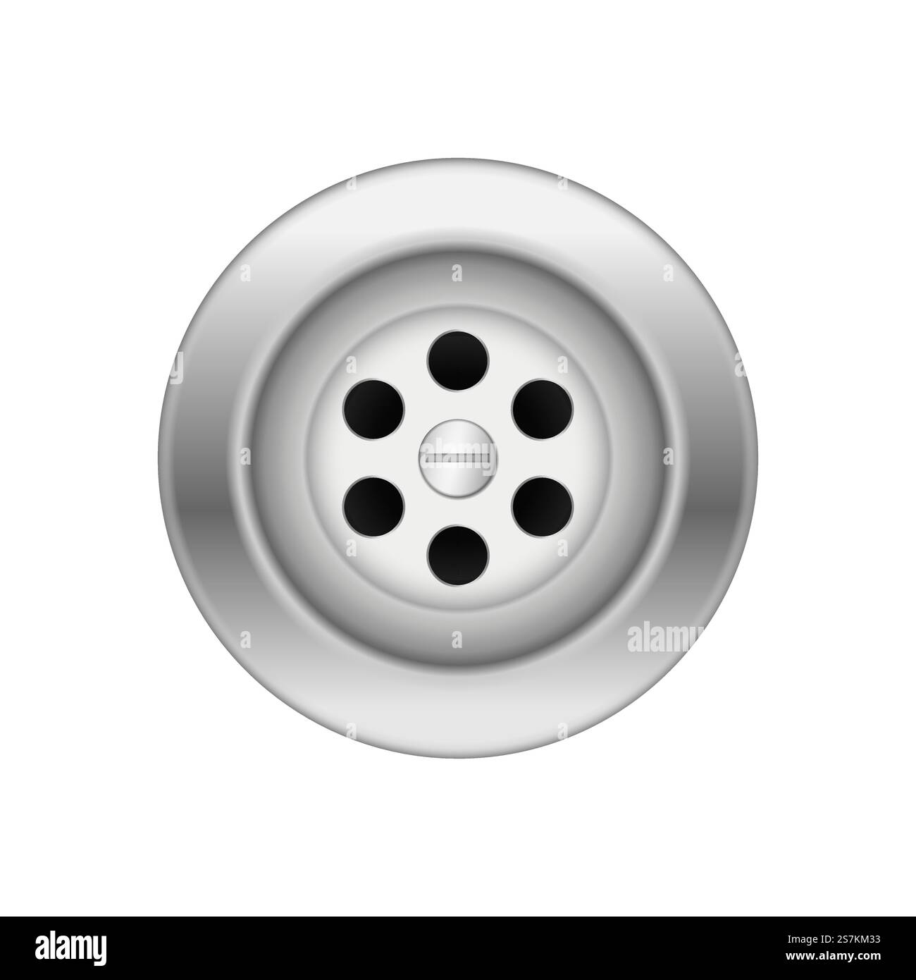 Badabfluss aus Metall für Wasserdurchfluss. Küche Waschbecken Kanalisation oder Bad Edelstahl Abflussloch. Realistische 3D-Vektordarstellung. Badabfluss aus Metall für Wasserdurchfluss. Küche Waschbecken Kanalisation oder Bad Edelstahl Abflussloch Stock Vektor