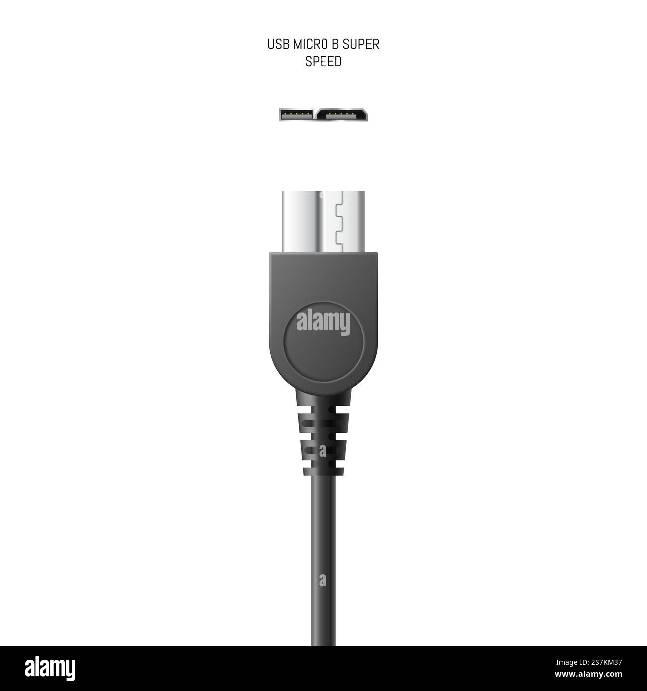 USB-Kabel, Micro B-Stecker oder Ladegerät für mobile Geräte, Smartphones und pc-Computer zur Datenübertragung über Kabel. Realistische 3D-Vektordarstellung. USB-Kabel, Micro B-Stecker oder Ladegerät für mobile Geräte, Smartphones und pc-Computer Stock Vektor