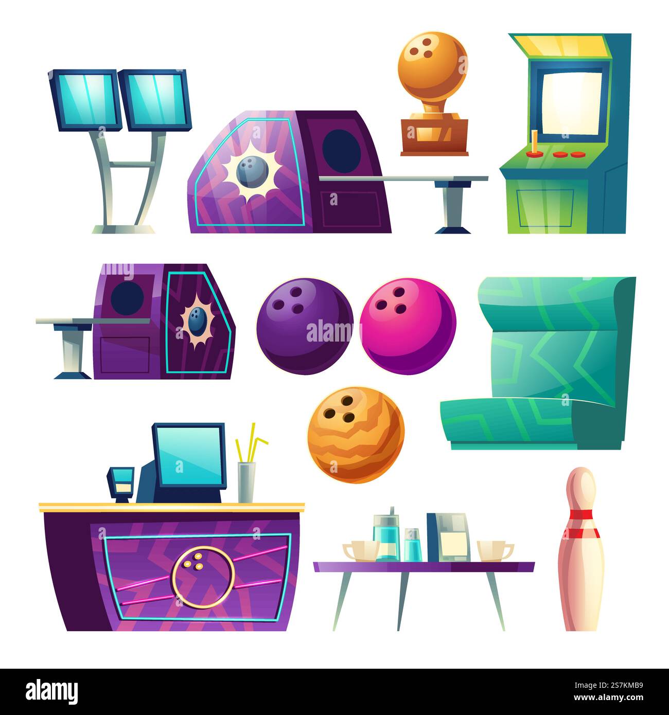 Bowlingclub-Ausrüstungssymbole, Designelemente isoliert auf weißem Hintergrund. Bälle, Kegel, Punktmonitor, Thekenpult mit PC, goldene Trophäe, Kaffeetisch, Tassen, Sofa Cartoon Vektor Illustration. Bowlingclub-Ausrüstungssymbole, Design-Elemente-Set Stock Vektor