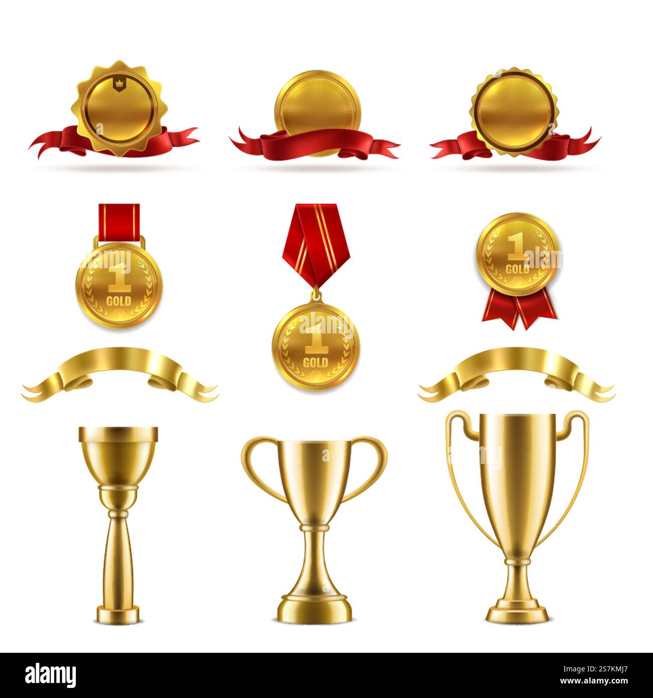 Trophäen für Sport oder Spiel. Goldene Belohnungsabzeichen und Prämienbecher für das Erreichen des besten Erfolgs Gewinner Vektor-Bewertungsnummer Medaillenbild. Trophäen für Sport oder Spiel. Goldene Belohnungsabzeichen und Auszeichnungen für das Vektorbild des besten Erfolgs Stock Vektor