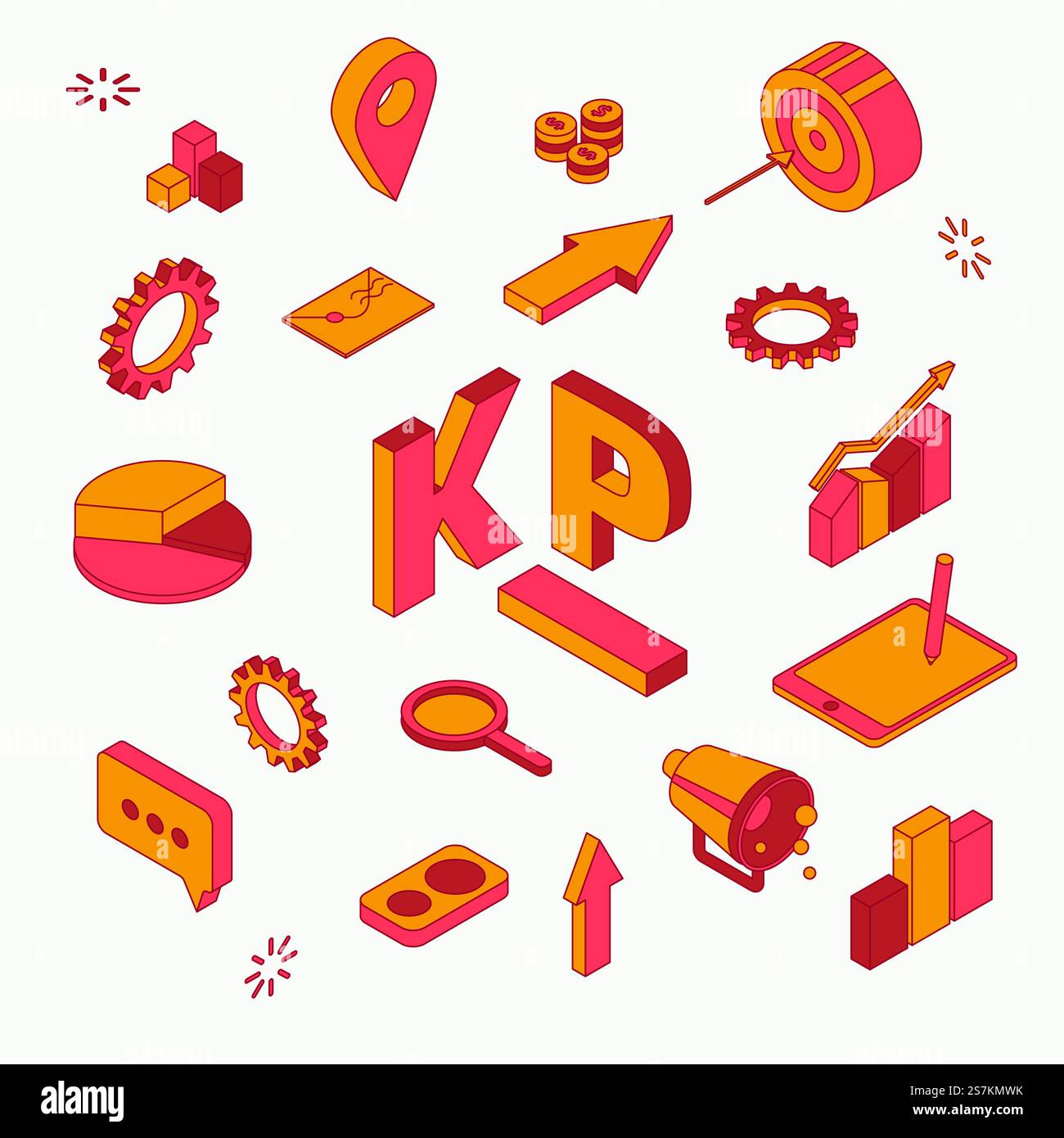 Kennzahlen, Unternehmensorganisation, finanzieller Erfolg, Analyse der Unternehmensstrategie Isometrisches Projektionsvektorsymbol, Konzept, Infografiken auf weißem Hintergrund. Key Performance Indicator isometrisches Vektorkonzept Stock Vektor