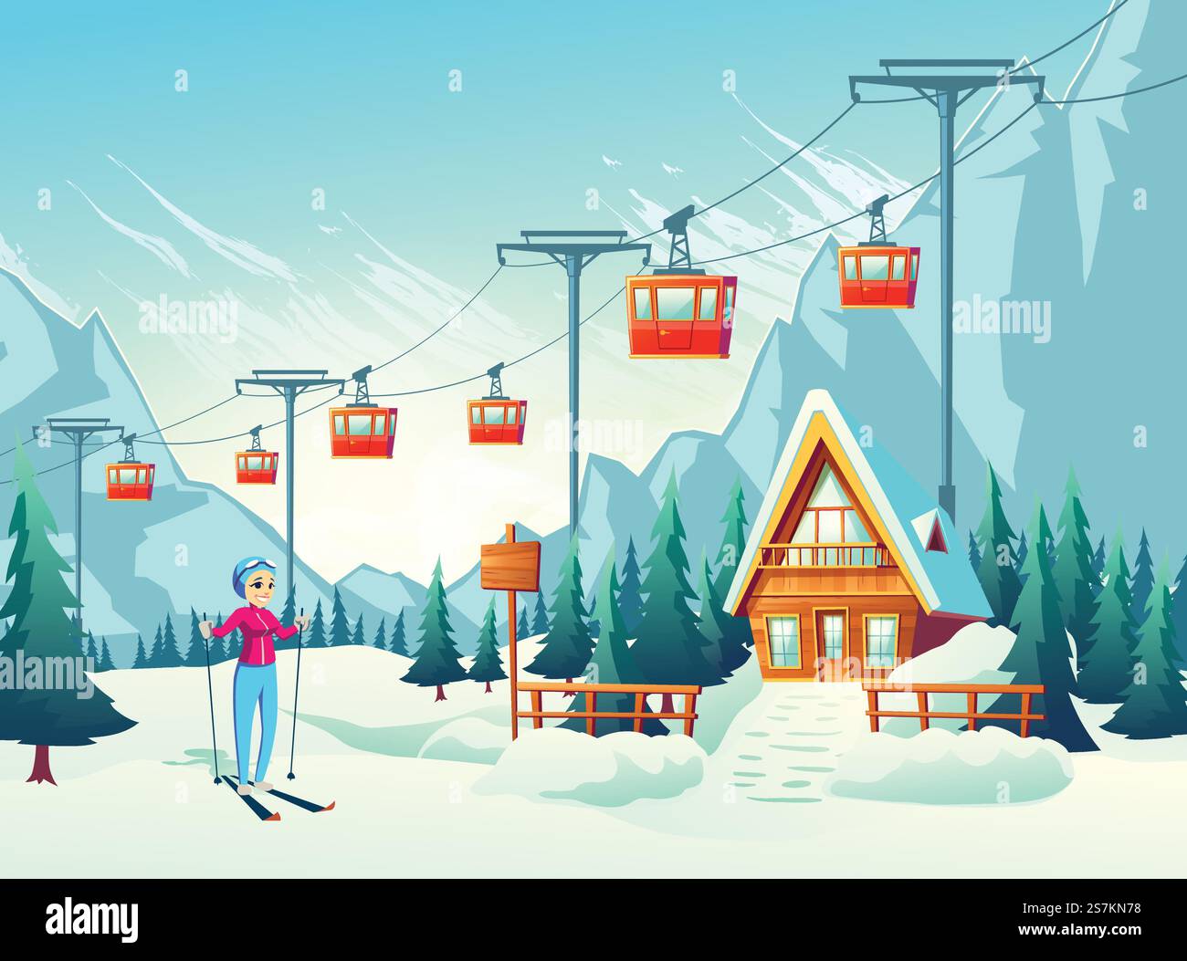 Winterurlaub, aktive Wochenendfreizeit im Bergresort Cartoon-Vektor-Konzept mit glücklich lächelnden weiblichen Touristen, Frau Skifahren in schneebedeckten Pisten mit Seilbahn und kleine Hotel- oder Chalet-Illustration. Winterurlaub in schneebedeckten Bergen Karikaturvektor Stock Vektor